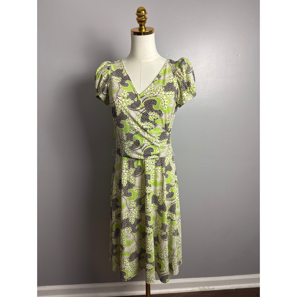 Cato Dress Size‎ S Green Brown Retro Print Puff Sleeve Fit Flare Belt Missing